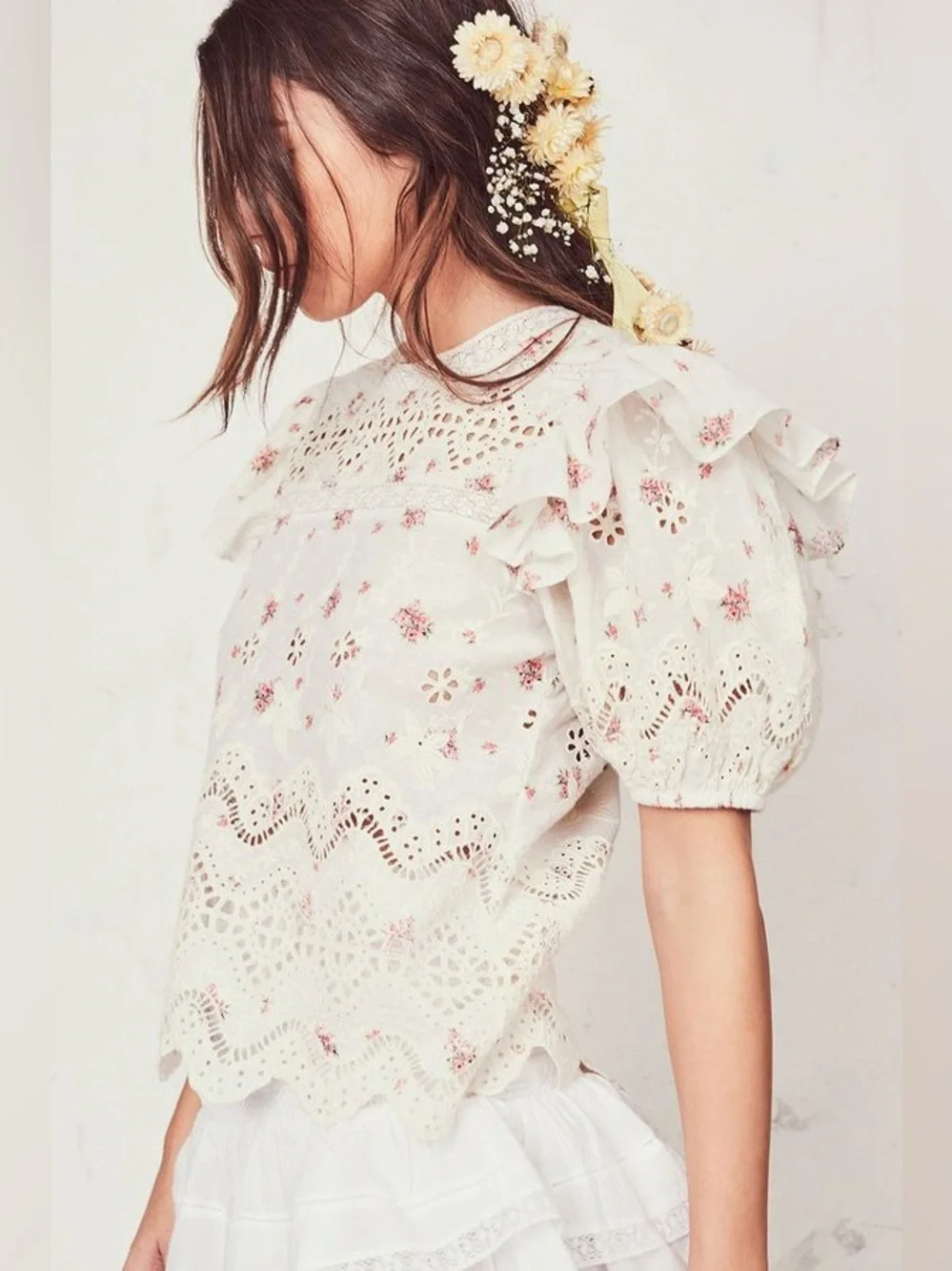 LoveShackFancy Tilda Top in French Cream/Pink Floral, Size Small